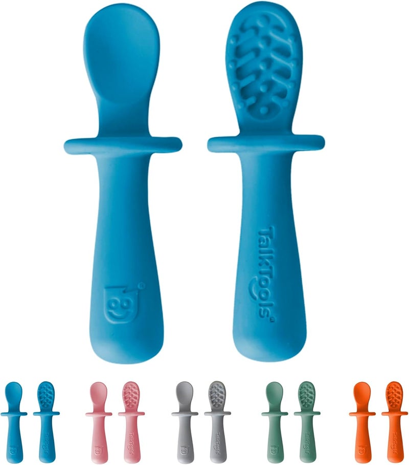 TalkTools ITSY Tiny Silicone Spoons – Twin Pack Soft Silicone Self-Feeding Training Spoons for Kids & Toddlers, Anti-Choking Flange Guard and Non-Slip Handle (Ocean) - Image 1